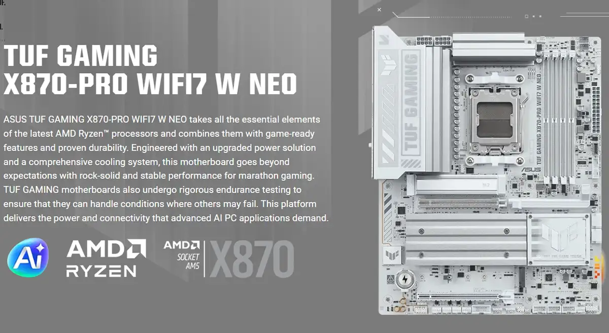 ASUS TUF GAMING X870-PRO WIFI7 W NEO Ryzen AM5 ATX Gaming Motherboard Price in Bangladesh